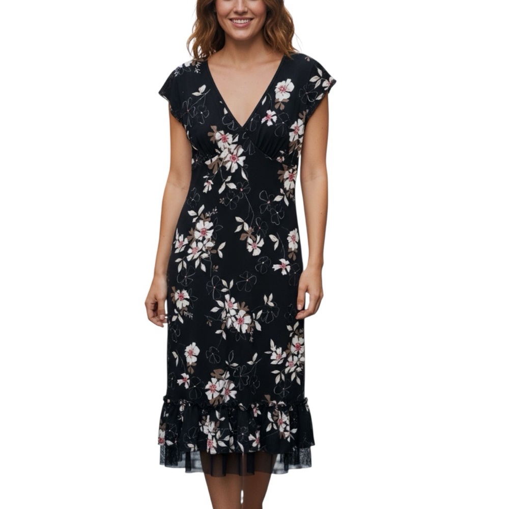 Karen Kane Black Pink Floral Cap Sleeve Midi Dress Size Medium Event Wedding